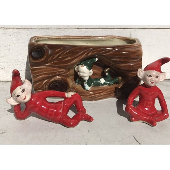 Antq Thames Ceramic Red Pixie Elf MCM 50s Christmas Woodland Planter MCM Lot HTF - Picture 1 of 16